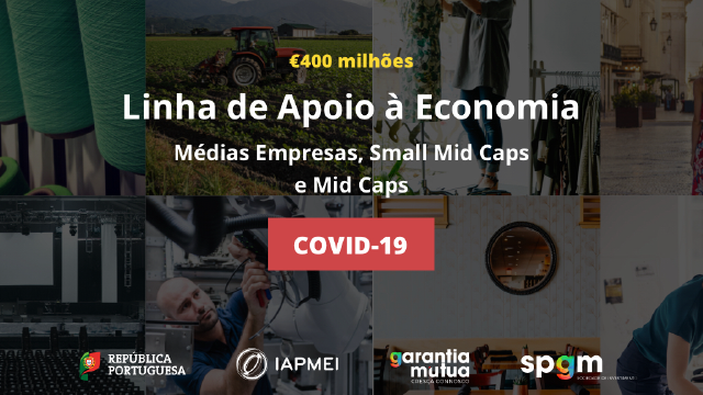 mosaico de imagens representativas de diversos setores de atividade com inscrição da dotação de 400M€ e da linha específica